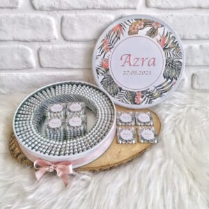 200 Adet Yeşil ve Somon Rengi Çiçekli İsme Özel Hoşgeldin Kız Bebek Hediyelik Çikolata