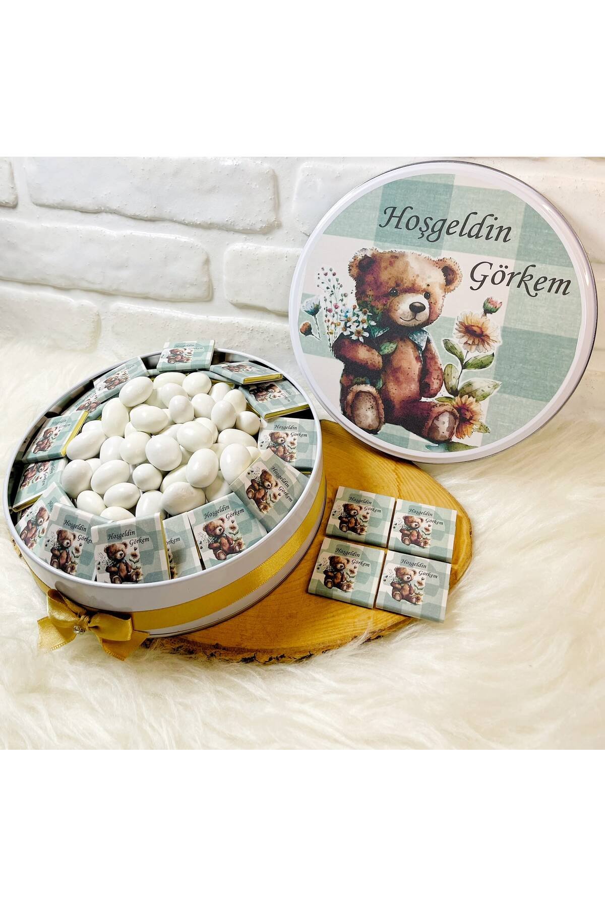 80 Adet+200 Gr Drajeli Yeşil Çizgili Ayıcık Temalı İsme Özel Hoşgeldin Erkek Bebek Hediyelik Çikolata
