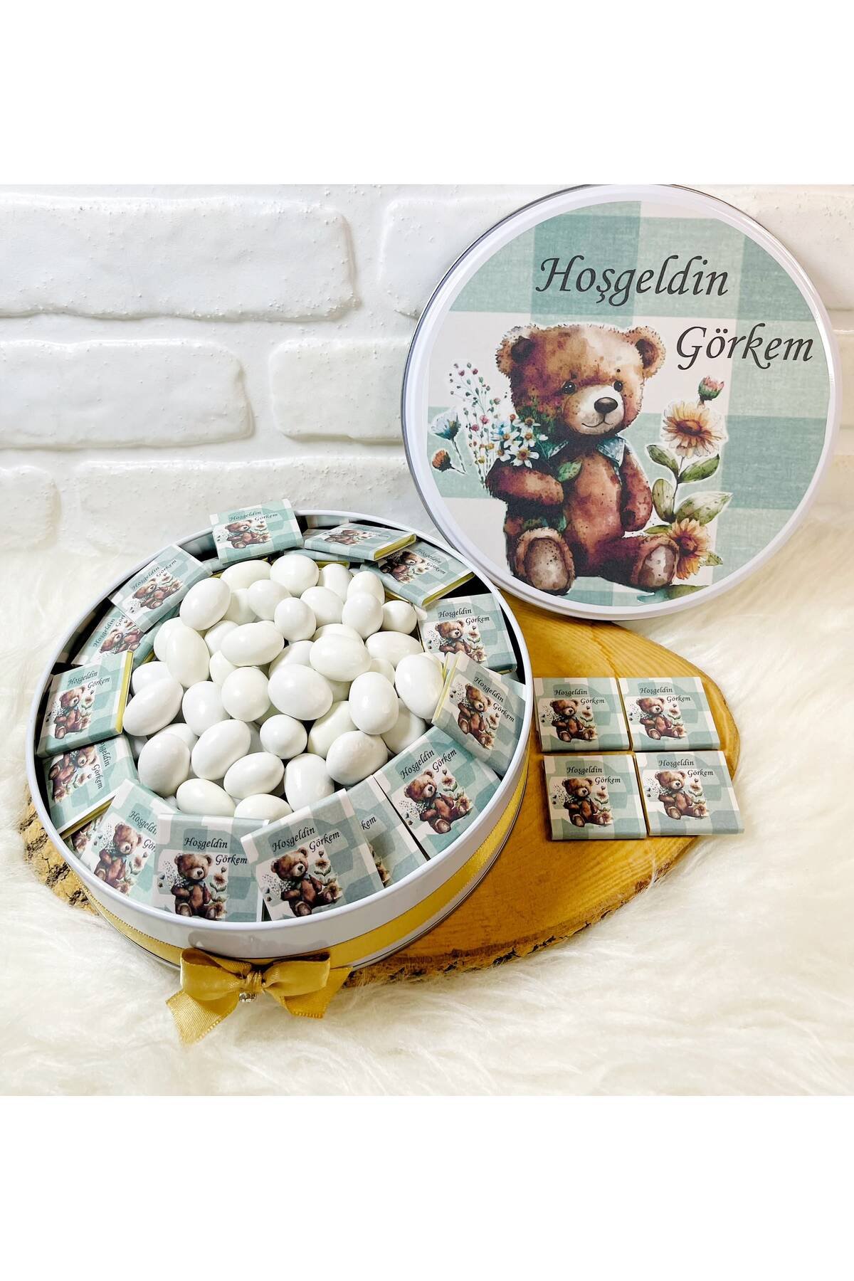 80 Adet+200 Gr Drajeli Yeşil Çizgili Ayıcık Temalı İsme Özel Hoşgeldin Erkek Bebek Hediyelik Çikolata - Görsel 2