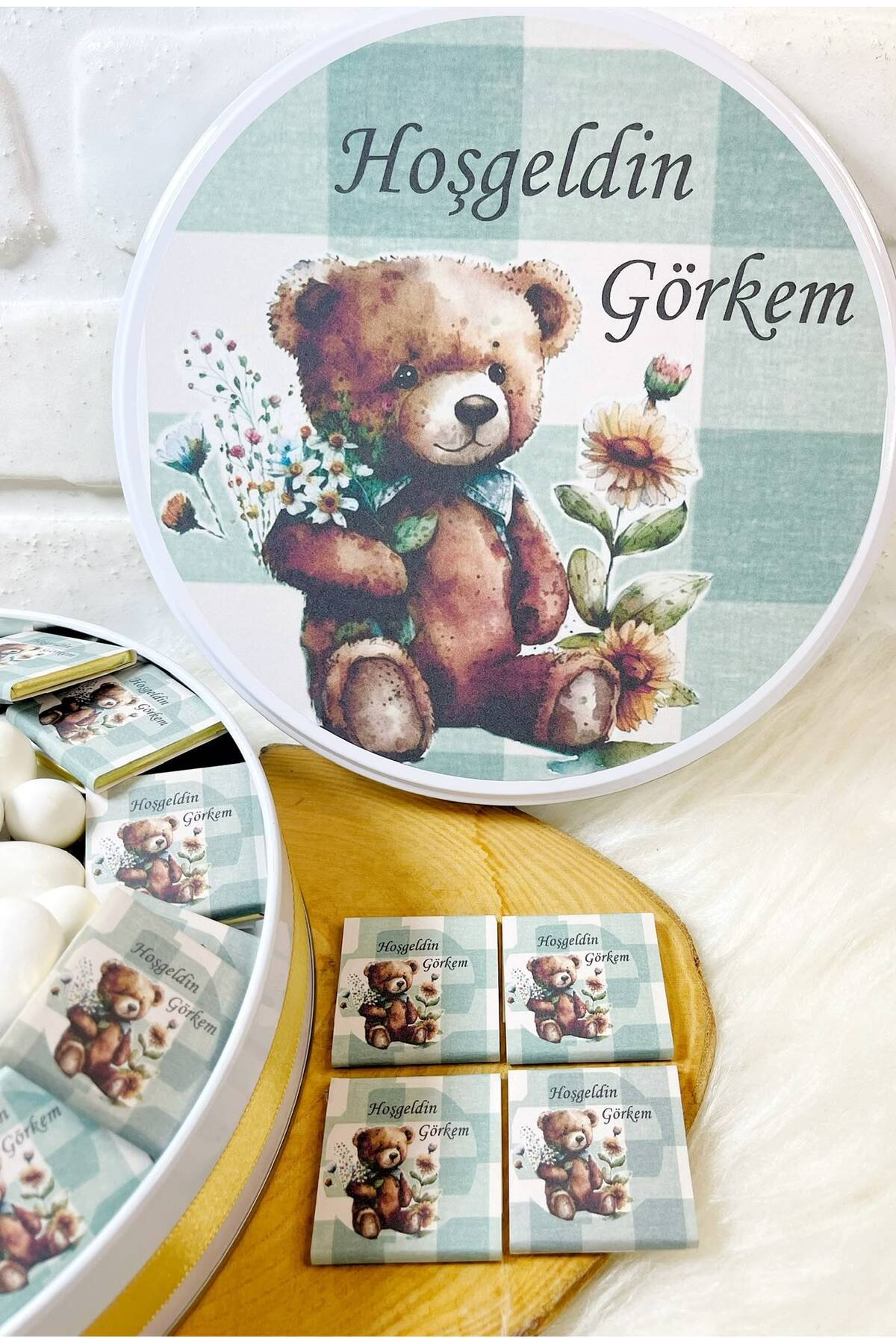 80 Adet+200 Gr Drajeli Yeşil Çizgili Ayıcık Temalı İsme Özel Hoşgeldin Erkek Bebek Hediyelik Çikolata - Görsel 3