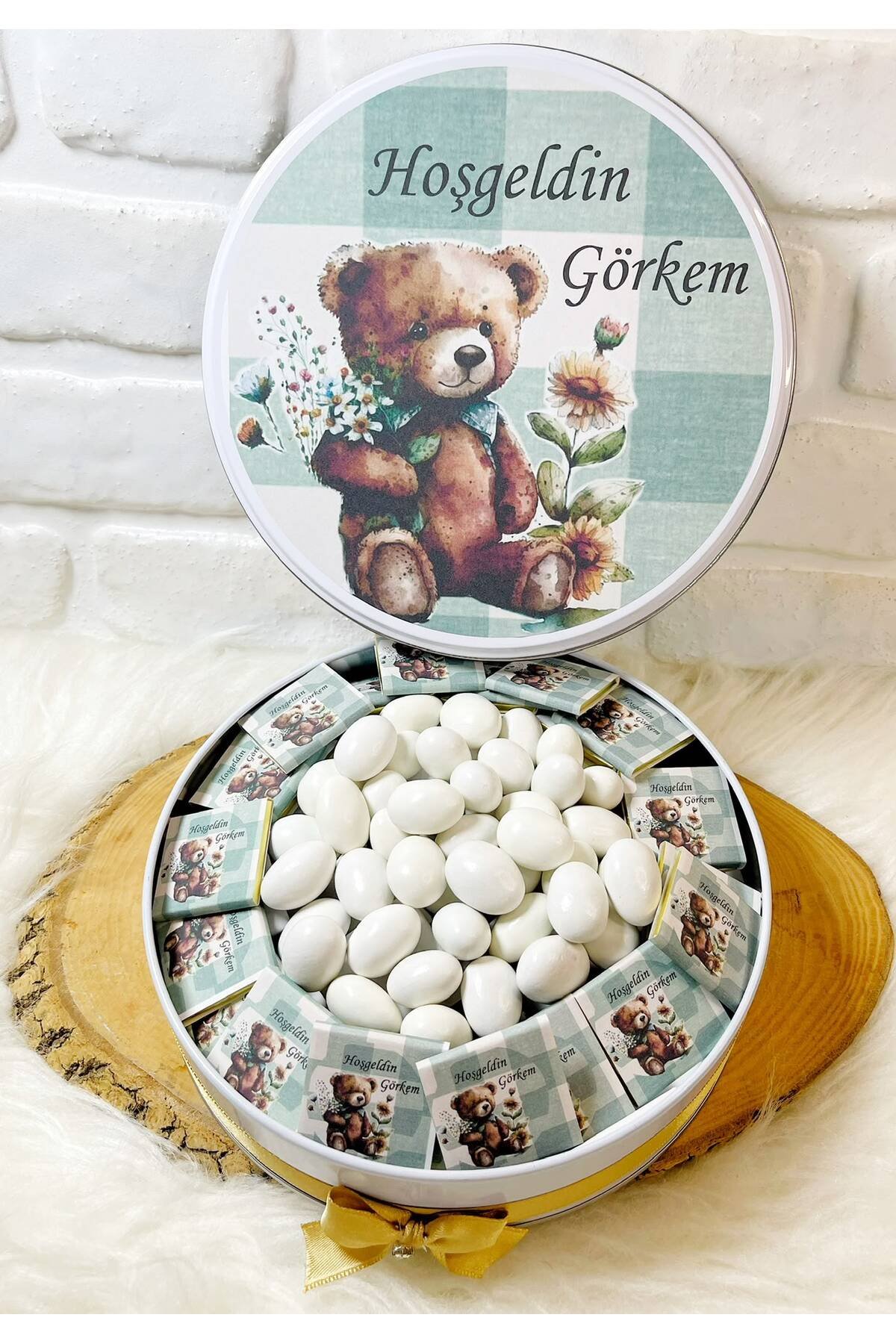 80 Adet+200 Gr Drajeli Yeşil Çizgili Ayıcık Temalı İsme Özel Hoşgeldin Erkek Bebek Hediyelik Çikolata - Görsel 4