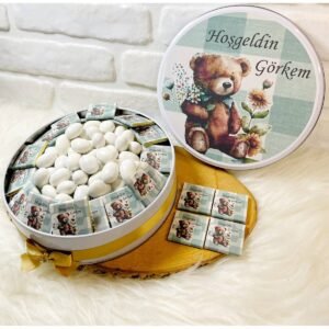 100 Adet+200 Gr Drajeli Yeşil Çizgili Ayıcık Temalı İsme Özel Hoşgeldin Erkek Bebek Hediyelik Çikolata