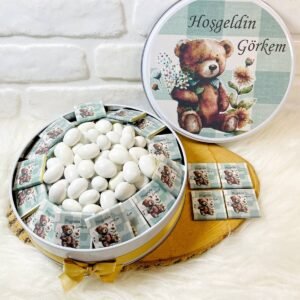 100 Adet+200 Gr Drajeli Yeşil Çizgili Ayıcık Temalı İsme Özel Hoşgeldin Erkek Bebek Hediyelik Çikolata