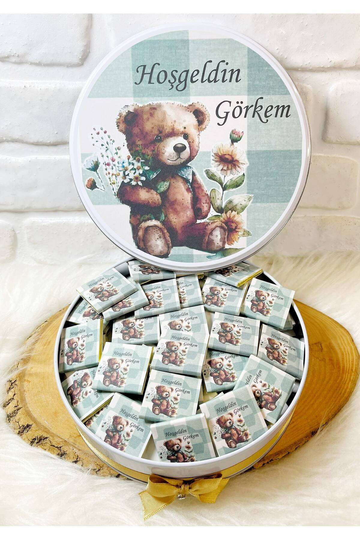 80 Adet Yeşil Çizgili Ayıcık Temalı İsme Özel Hoşgeldin Erkek Bebek Hediyelik Çikolata - Görsel 4