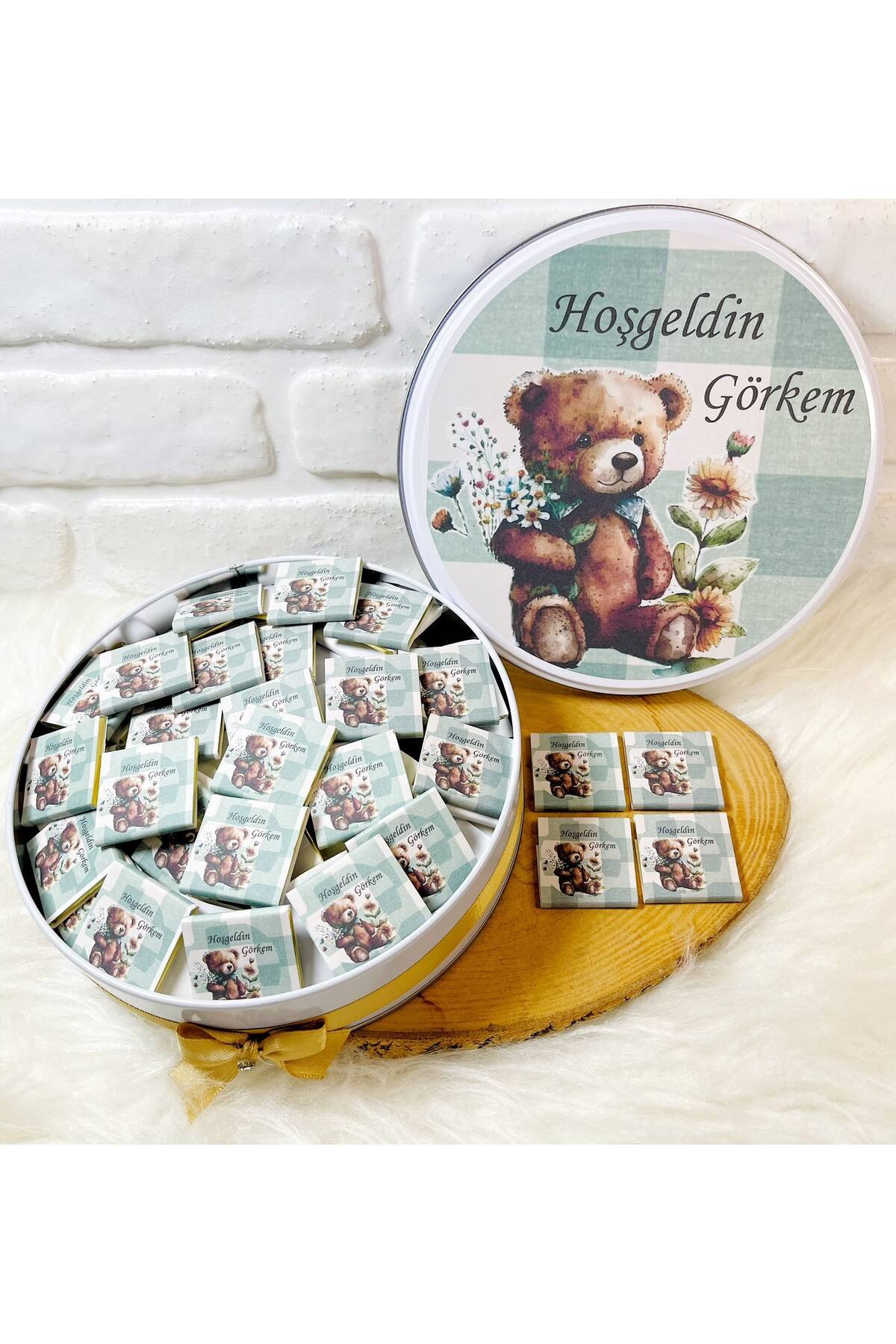 150 Adet Yeşil Çizgili Ayıcık Temalı İsme Özel Hoşgeldin Erkek Bebek Hediyelik Çikolata - Görsel 2
