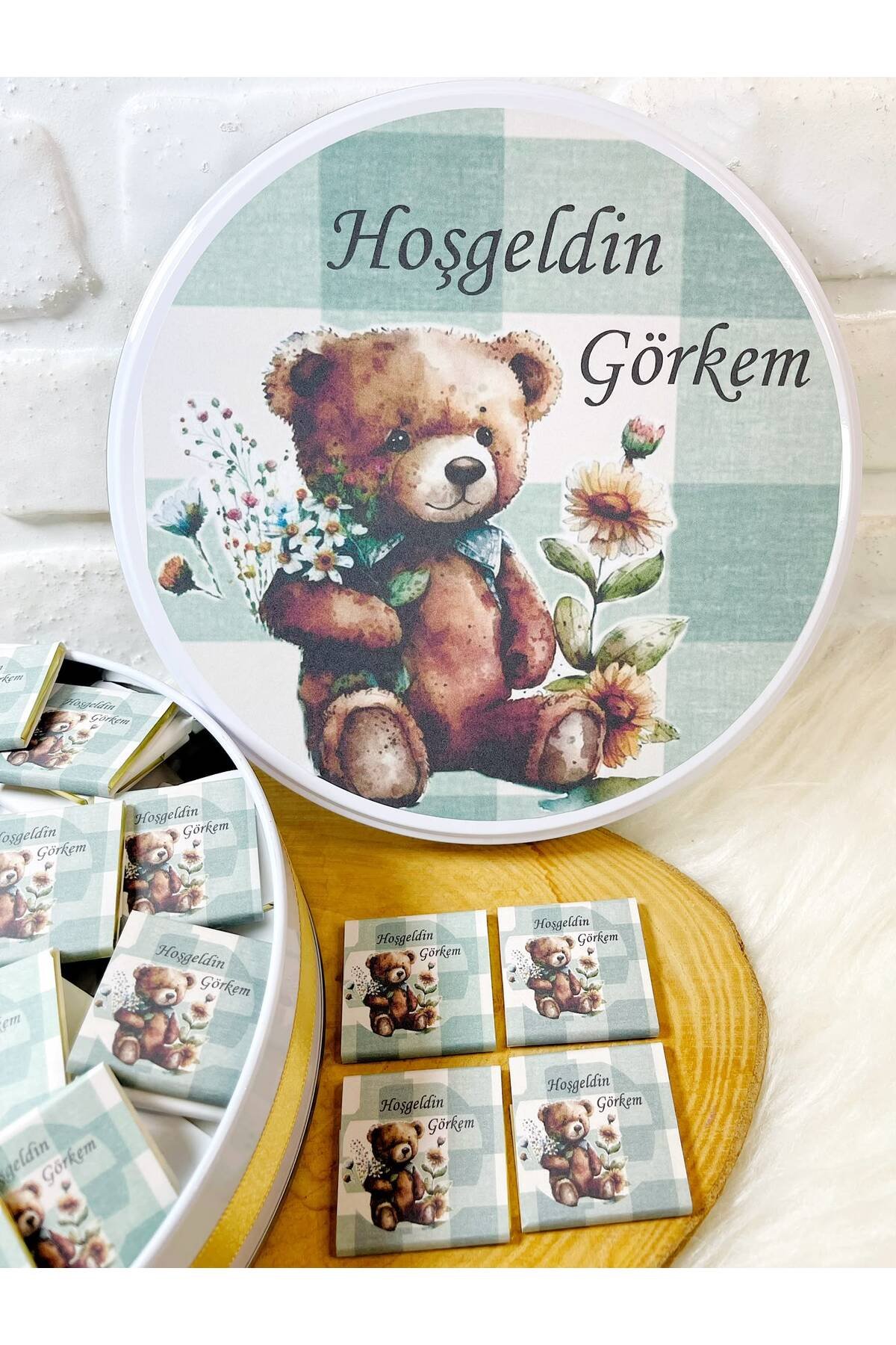 150 Adet Yeşil Çizgili Ayıcık Temalı İsme Özel Hoşgeldin Erkek Bebek Hediyelik Çikolata - Görsel 3