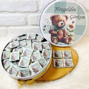 200 Adet Yeşil Çizgili Ayıcık Temalı İsme Özel Hoşgeldin Erkek Bebek Hediyelik Çikolata