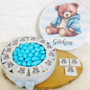 150 Adet+200 Gr Drajeli Mavi Çizgili Ayıcık Temalı İsme Özel Hoşgeldin Erkek Bebek Hediyelik Çikolata