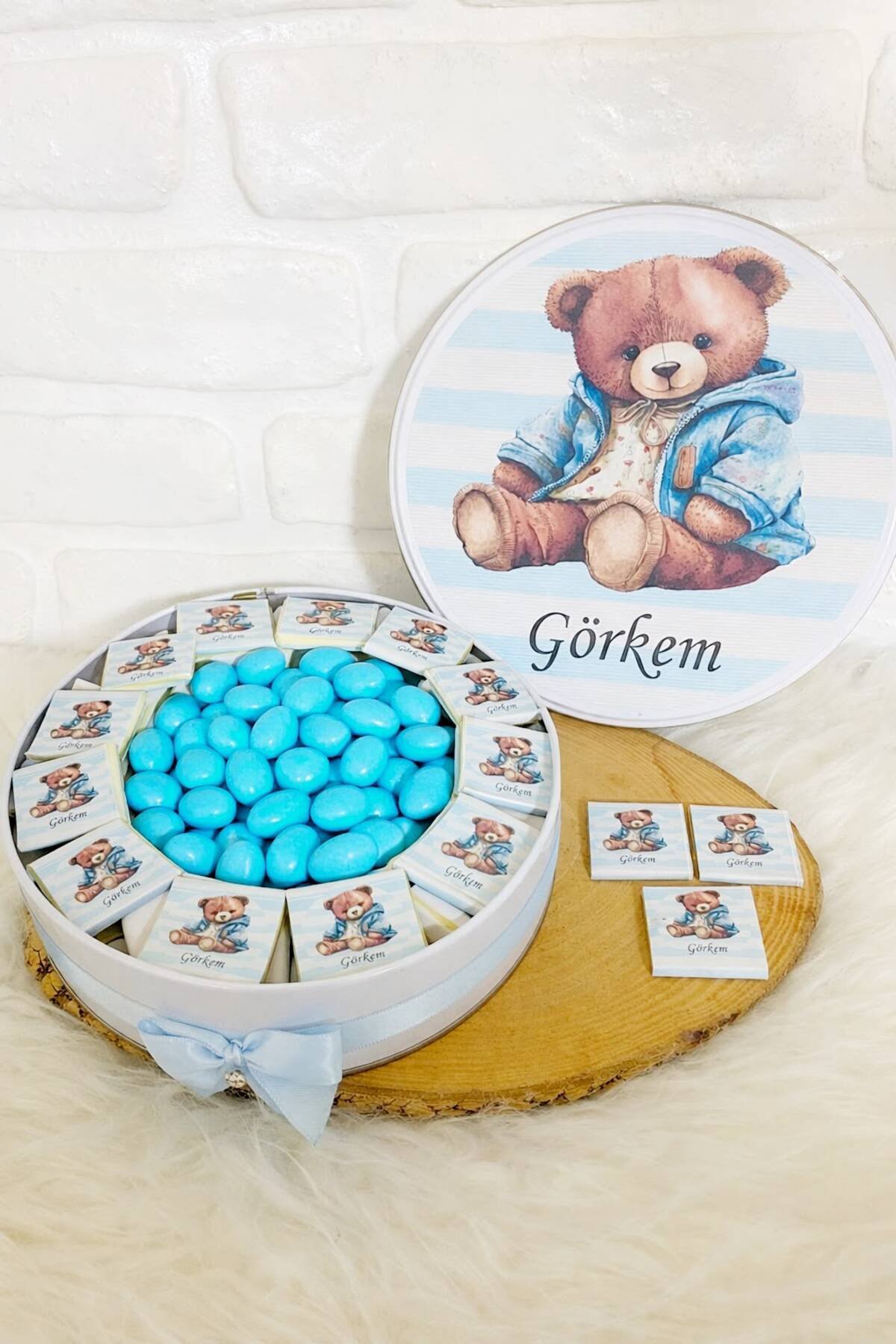 150 Adet+200 Gr Drajeli Mavi Çizgili Ayıcık Temalı İsme Özel Hoşgeldin Erkek Bebek Hediyelik Çikolata
