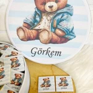 100 Adet+200 Gr Drajeli Mavi Çizgili Ayıcık Temalı İsme Özel Hoşgeldin Erkek Bebek Hediyelik Çikolata
