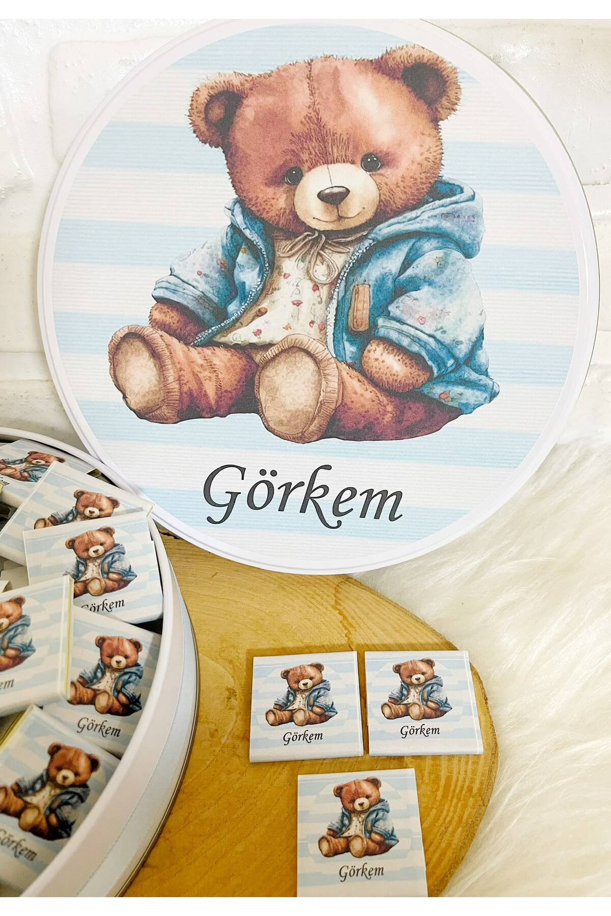50 Adet Mavi Çizgili Ayıcık Temalı İsme Özel Hoşgeldin Erkek Bebek Hediyelik Çikolata - Görsel 2