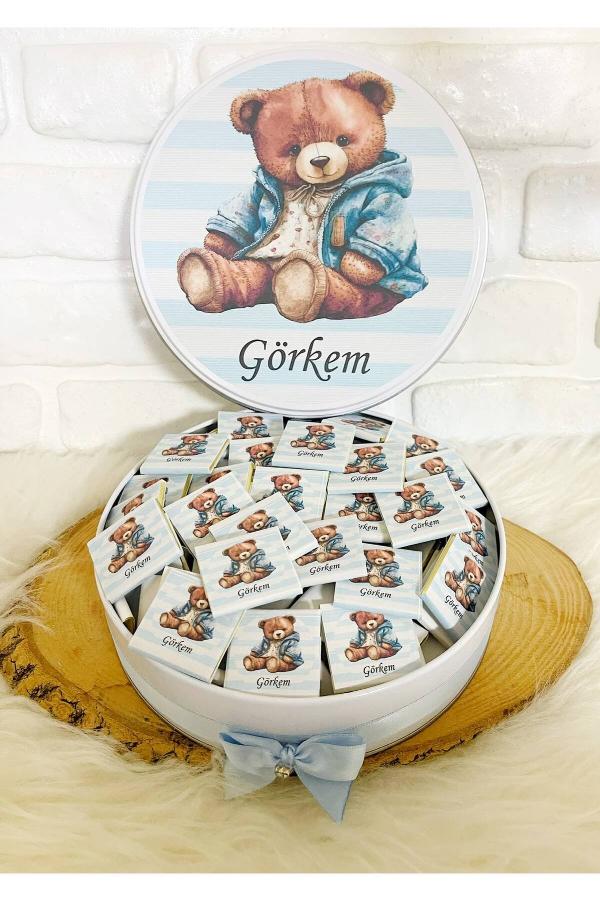 50 Adet Mavi Çizgili Ayıcık Temalı İsme Özel Hoşgeldin Erkek Bebek Hediyelik Çikolata - Görsel 3