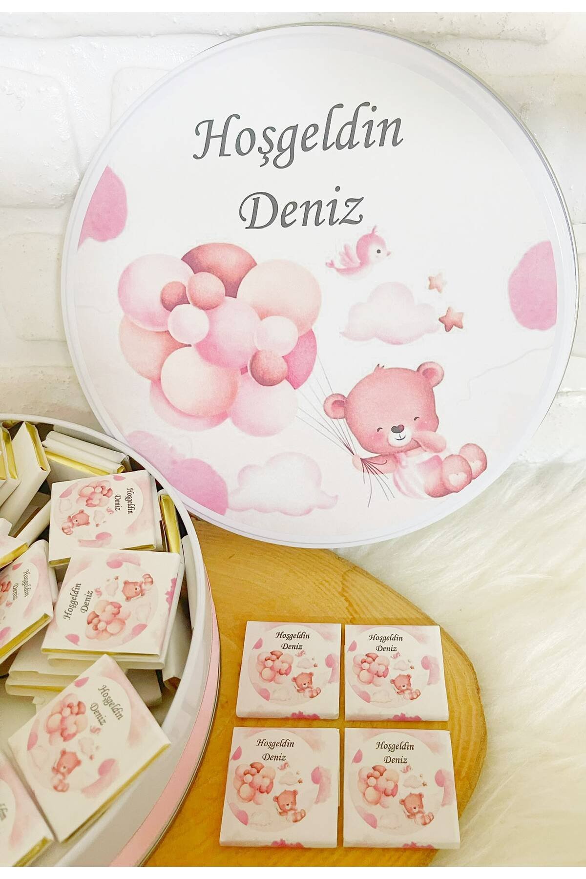 200 Adet Pembe Bulutta Ayıcık Temalı İsme Özel Hoşgeldin Kız Bebek Hediyelik Çikolata - Görsel 3