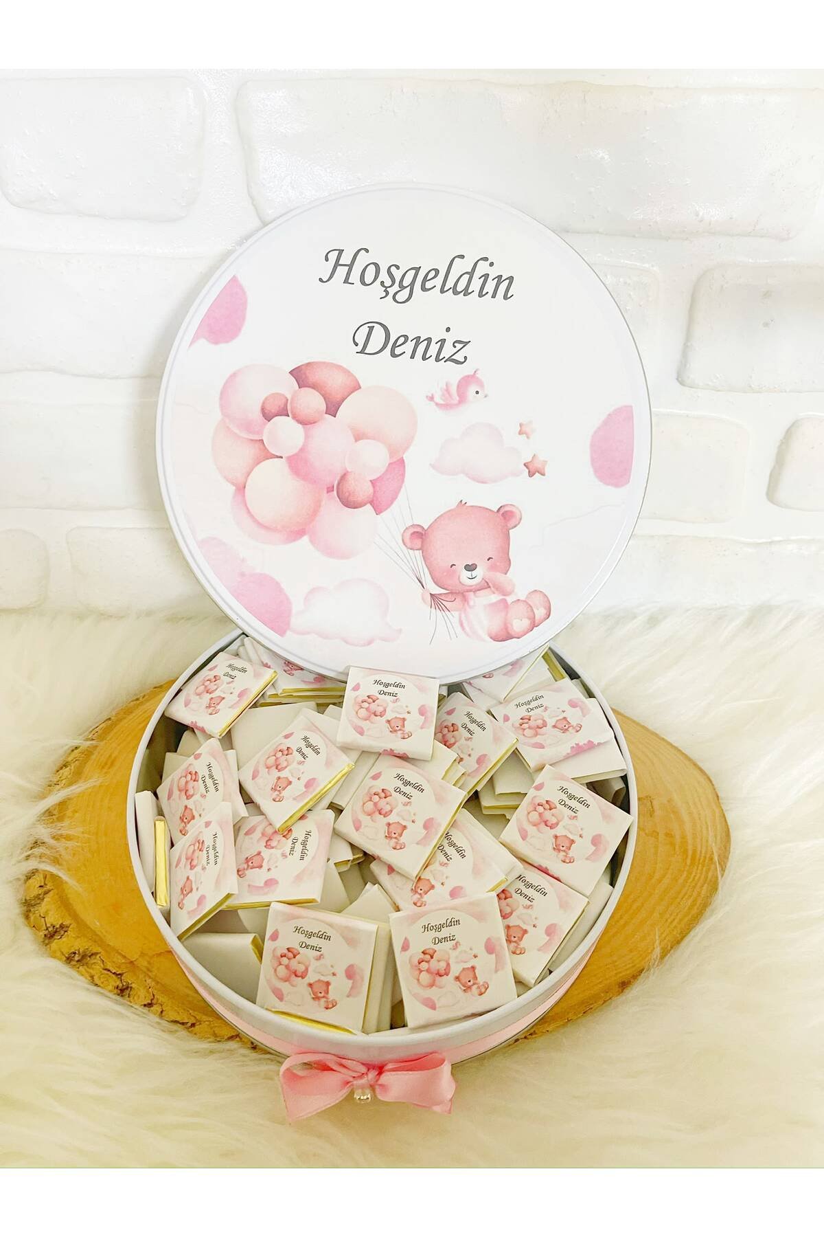 200 Adet Pembe Bulutta Ayıcık Temalı İsme Özel Hoşgeldin Kız Bebek Hediyelik Çikolata - Görsel 4