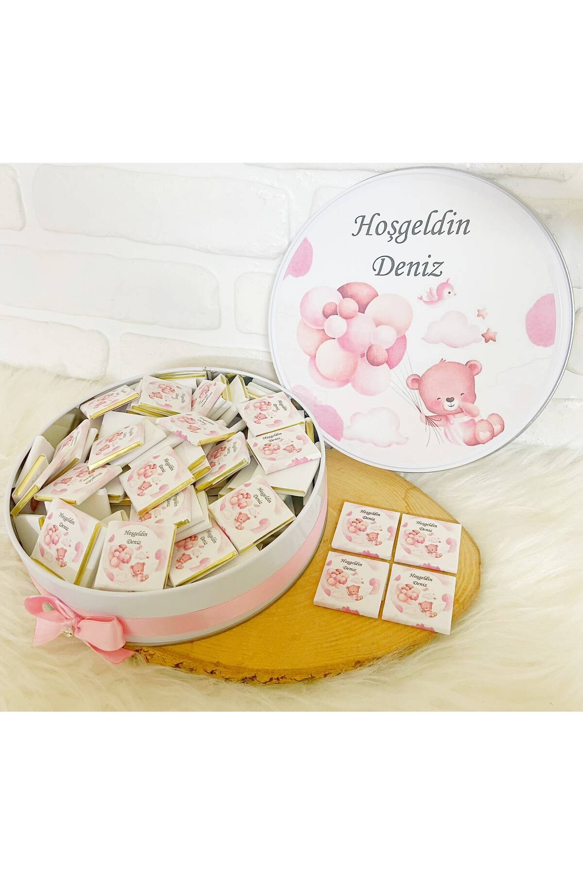 50 Adet Pembe Bulutta Ayıcık Temalı İsme Özel Hoşgeldin Kız Bebek Hediyelik Çikolata - Görsel 2