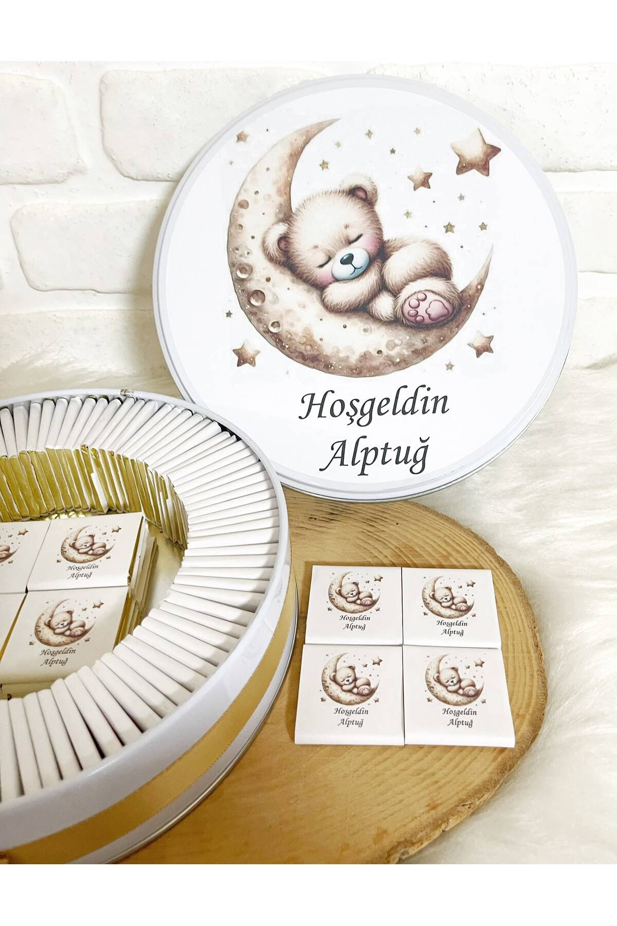 100 Adet+200 Gr Drajeli Gold Ayda Uyuyan Ayıcık Temalı İsme Özel Hoşgeldin Erkek Bebek Hediyelik Çikolata - Görsel 3