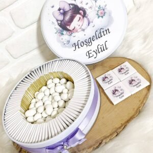 50 Adet+200 Gr Drajeli Lila Bulutta Kız Bebek Temalı İsme Özel Hoşgeldin-Mevlüt Kız Bebek Hediyelik Çikolata