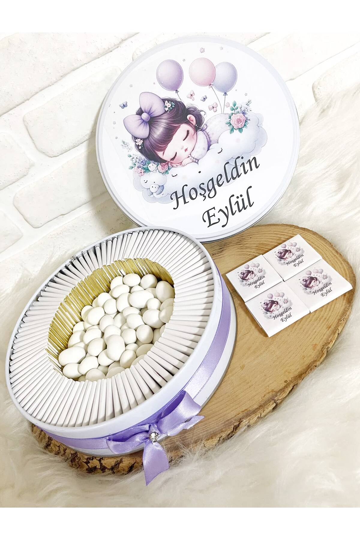 50 Adet+200 Gr Drajeli Lila Bulutta Kız Bebek Temalı İsme Özel Hoşgeldin-Mevlüt Kız Bebek Hediyelik Çikolata