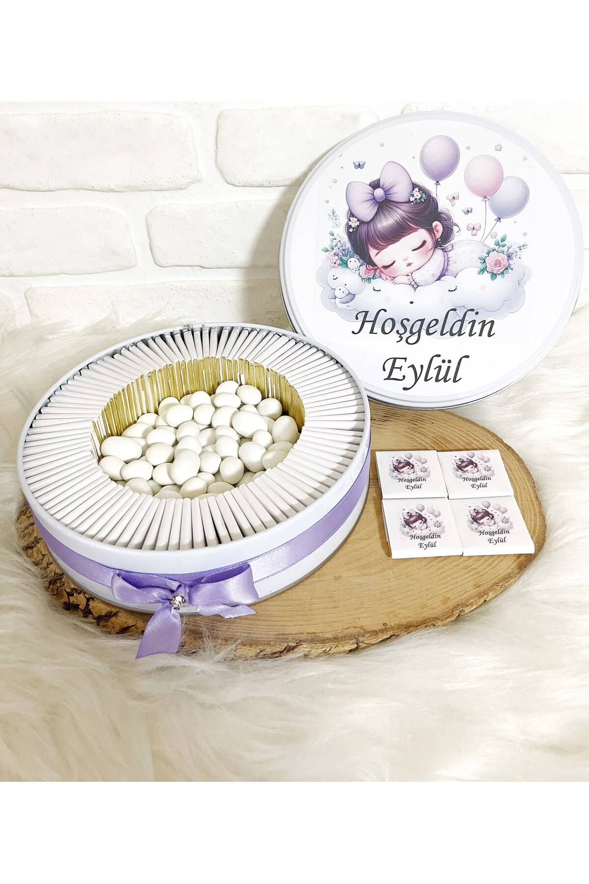50 Adet+200 Gr Drajeli Lila Bulutta Kız Bebek Temalı İsme Özel Hoşgeldin-Mevlüt Kız Bebek Hediyelik Çikolata - Görsel 2