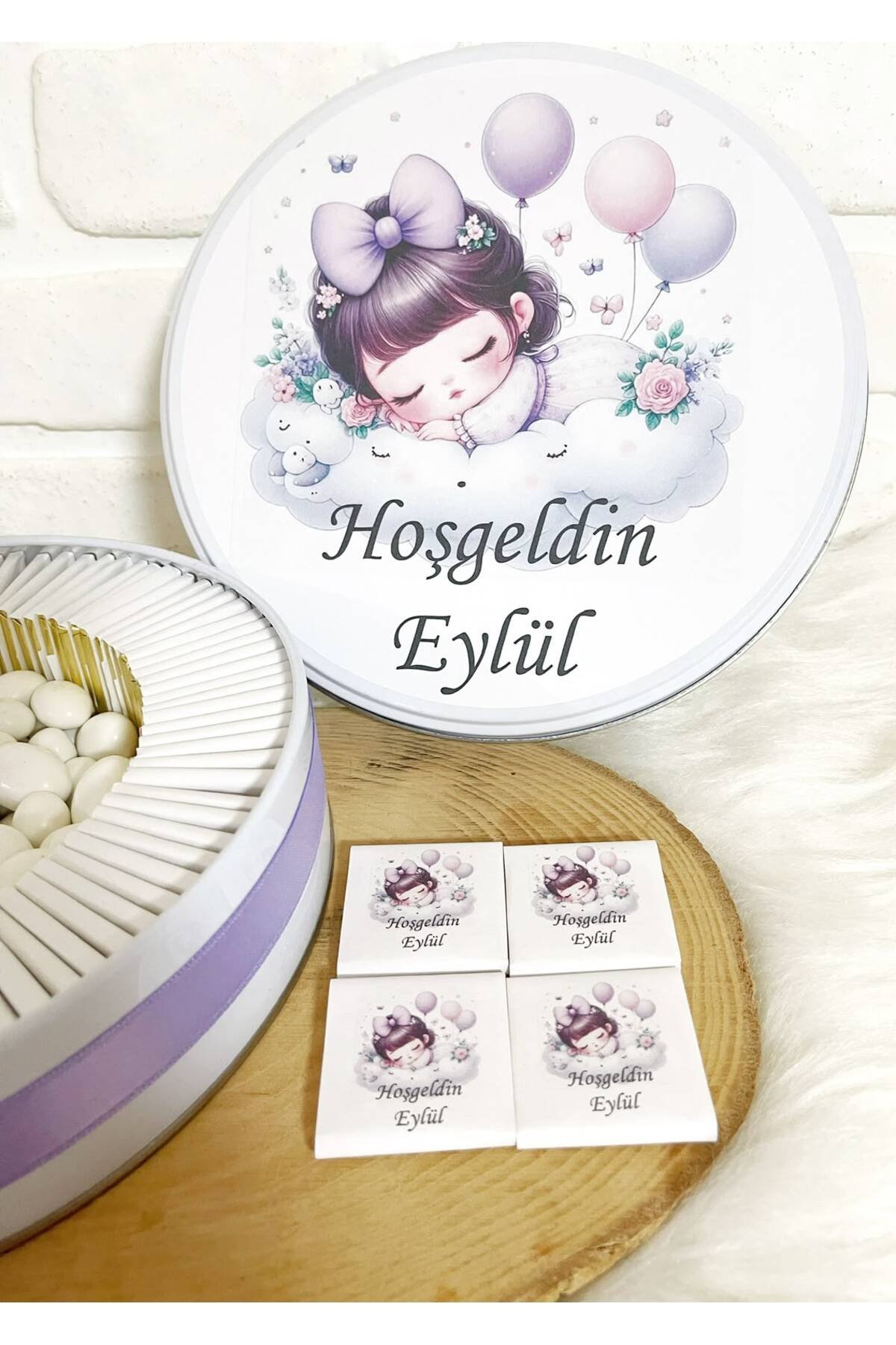 50 Adet+200 Gr Drajeli Lila Bulutta Kız Bebek Temalı İsme Özel Hoşgeldin-Mevlüt Kız Bebek Hediyelik Çikolata - Görsel 3