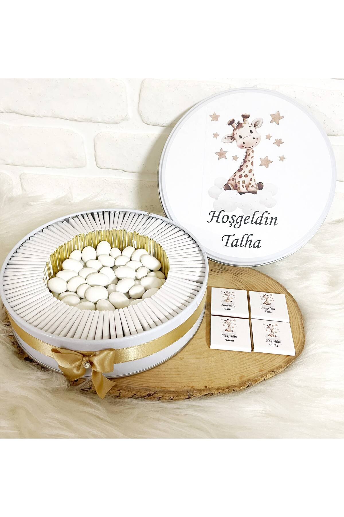 150 Adet+200 Gr Drajeli Gold Yıldızlı Zürafa Temalı İsme Özel Hoşgeldin Erkek Bebek Hediyelik Çikolata - Görsel 2