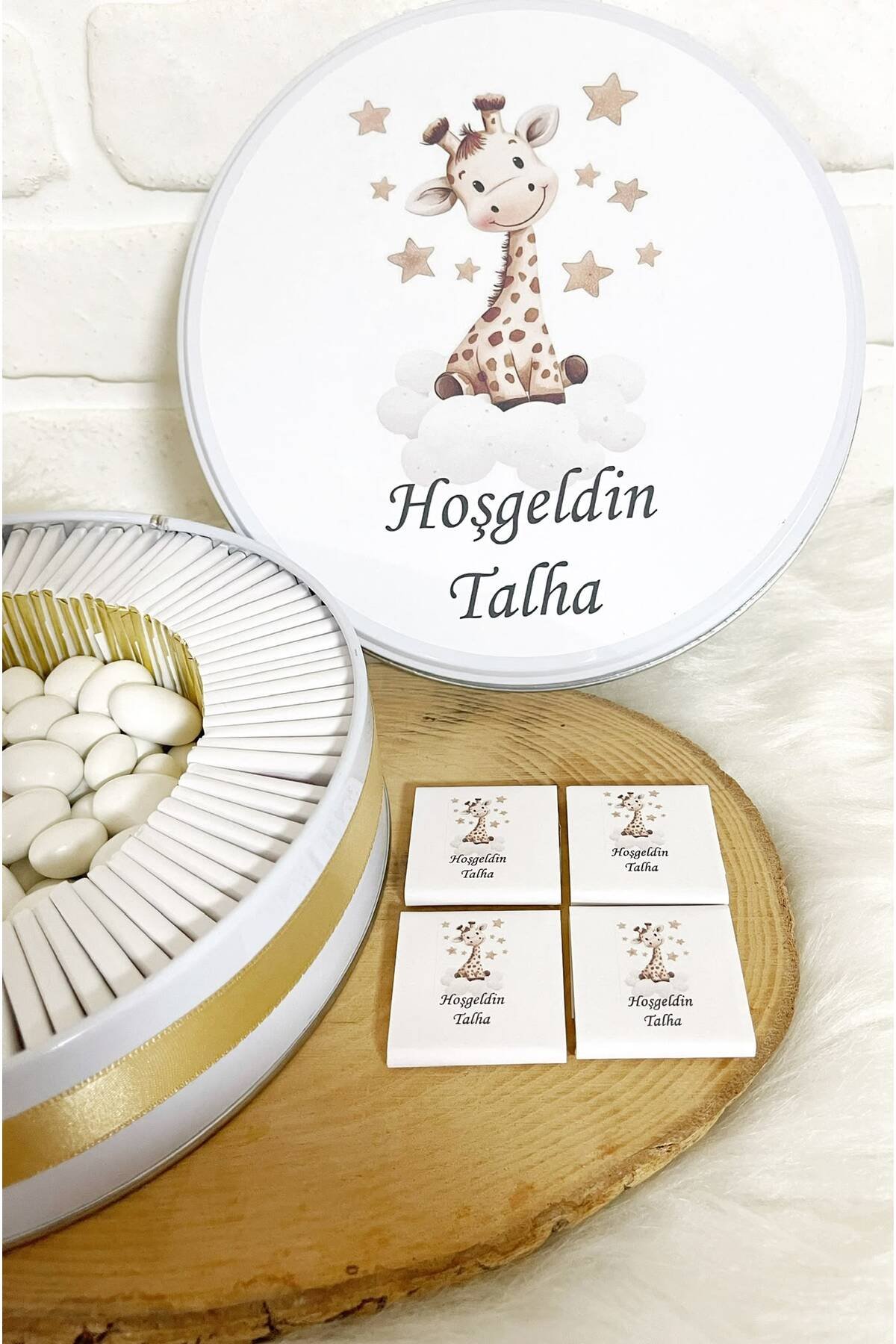 150 Adet+200 Gr Drajeli Gold Yıldızlı Zürafa Temalı İsme Özel Hoşgeldin Erkek Bebek Hediyelik Çikolata - Görsel 3