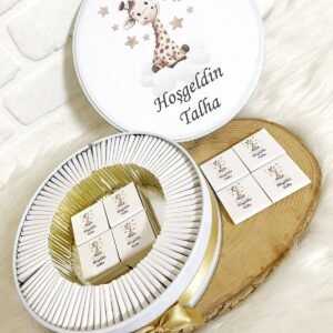 100 Adet Gold Yıldızlı Zürafa Temalı İsme Özel Hoşgeldin Erkek Bebek Hediyelik Çikolata