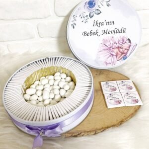 200 Adet+200 Gr Drajeli Lila Bebek Temalı İsme Özel Hoşgeldin-Mevlüt Kız Bebek Hediyelik Çikolata