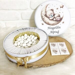 50 Adet+200 Gr Drajeli Gold Ayda Uyuyan Ayıcık Temalı İsme Özel Hoşgeldin Erkek Bebek Hediyelik Çikolata