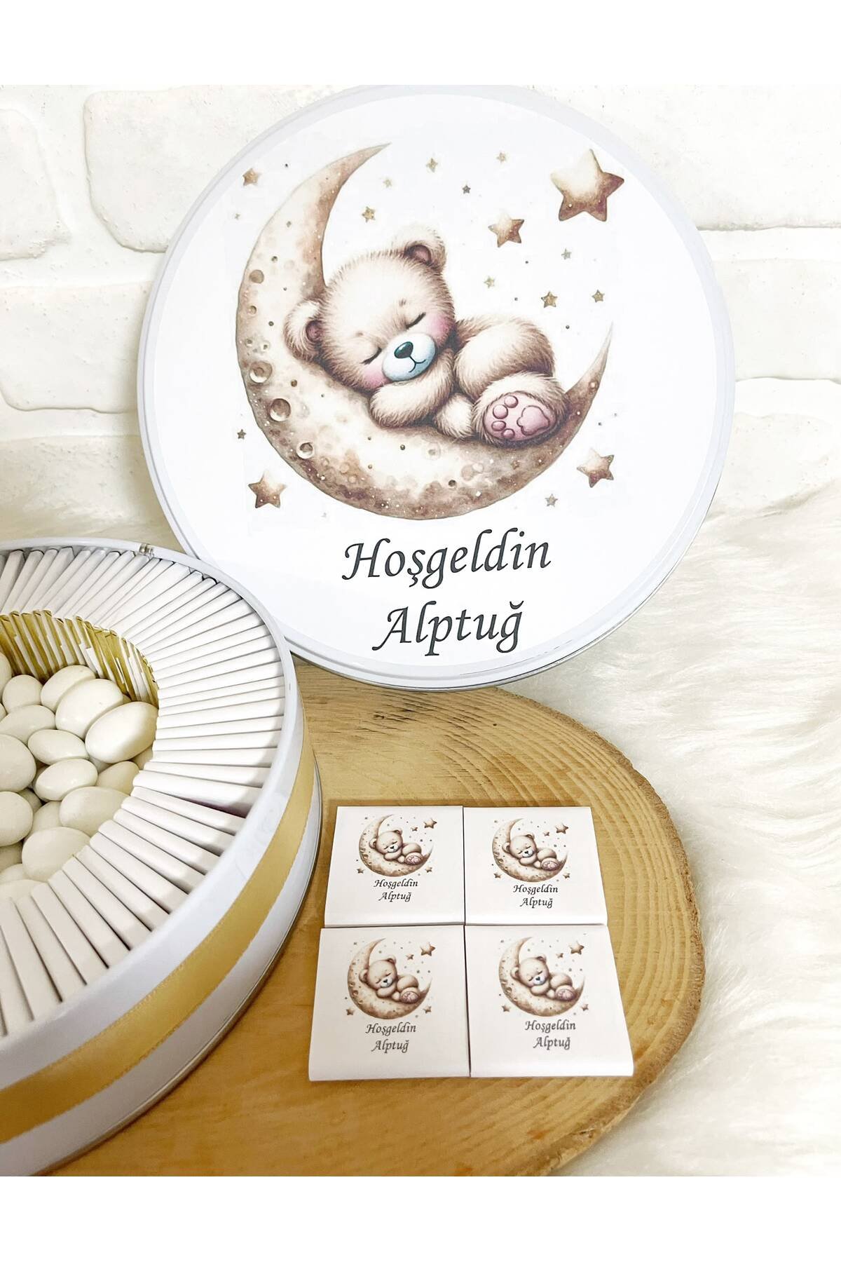 50 Adet+200 Gr Drajeli Gold Ayda Uyuyan Ayıcık Temalı İsme Özel Hoşgeldin Erkek Bebek Hediyelik Çikolata - Görsel 3