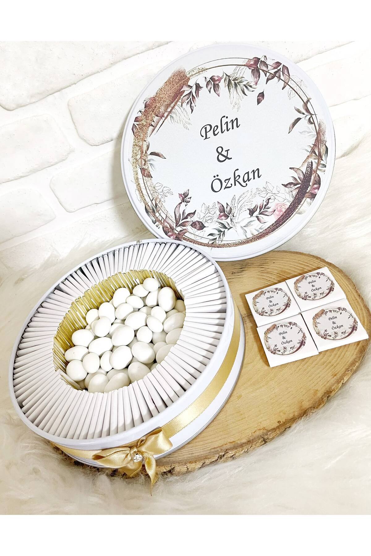 200 Adet+200 Gr Drajeli Kahverengi Çiçekli İsme Özel Nişan-Nikah-Düğün-Söz Hatırası Gelin Bohçası Hediyelik Çikolata - Görsel 2