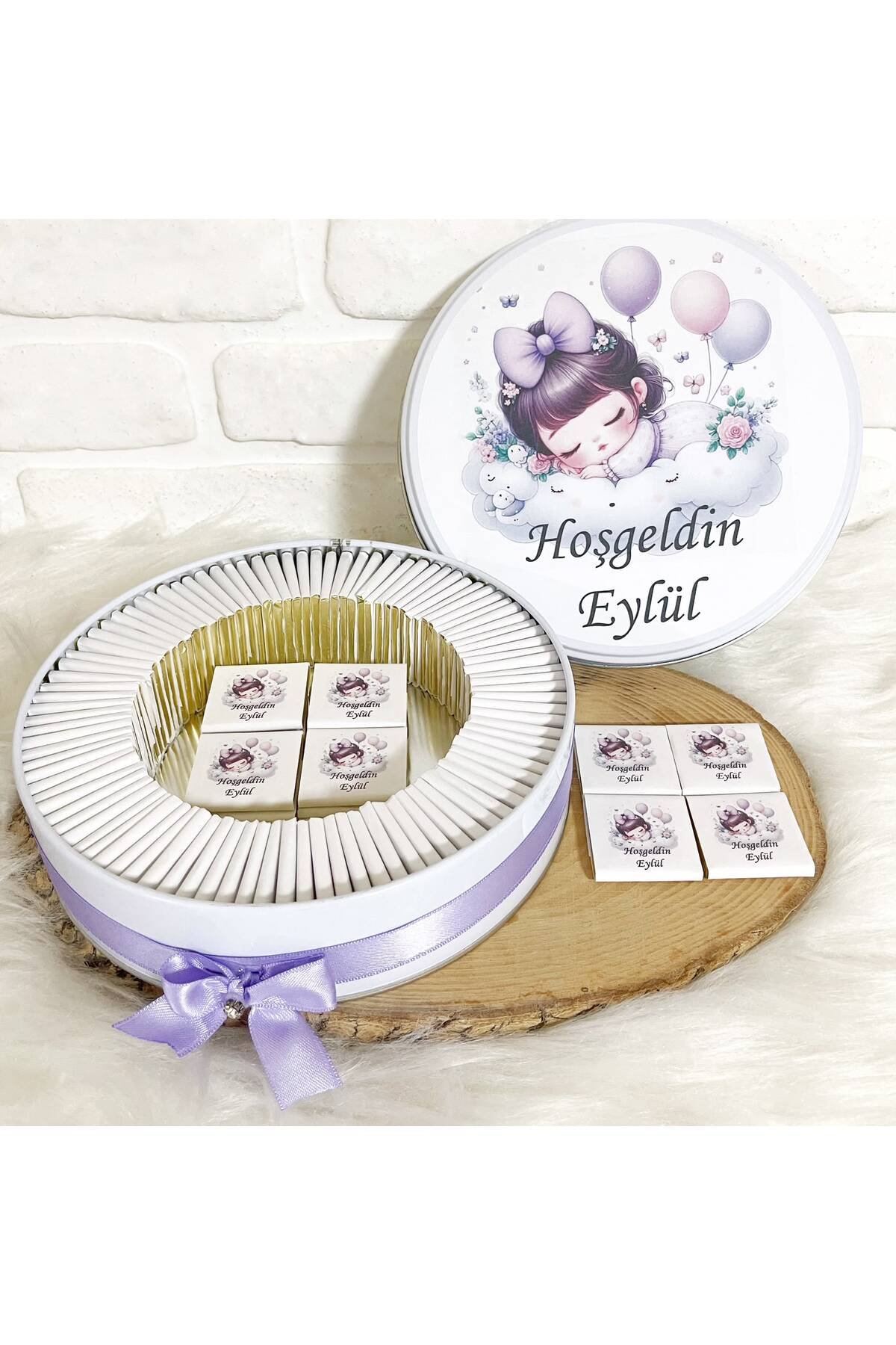 80 Adet Lila Bulutta Kız Bebek Temalı İsme Özel Hoşgeldin-Mevlüt Kız Bebek Hediyelik Çikolata - Görsel 2