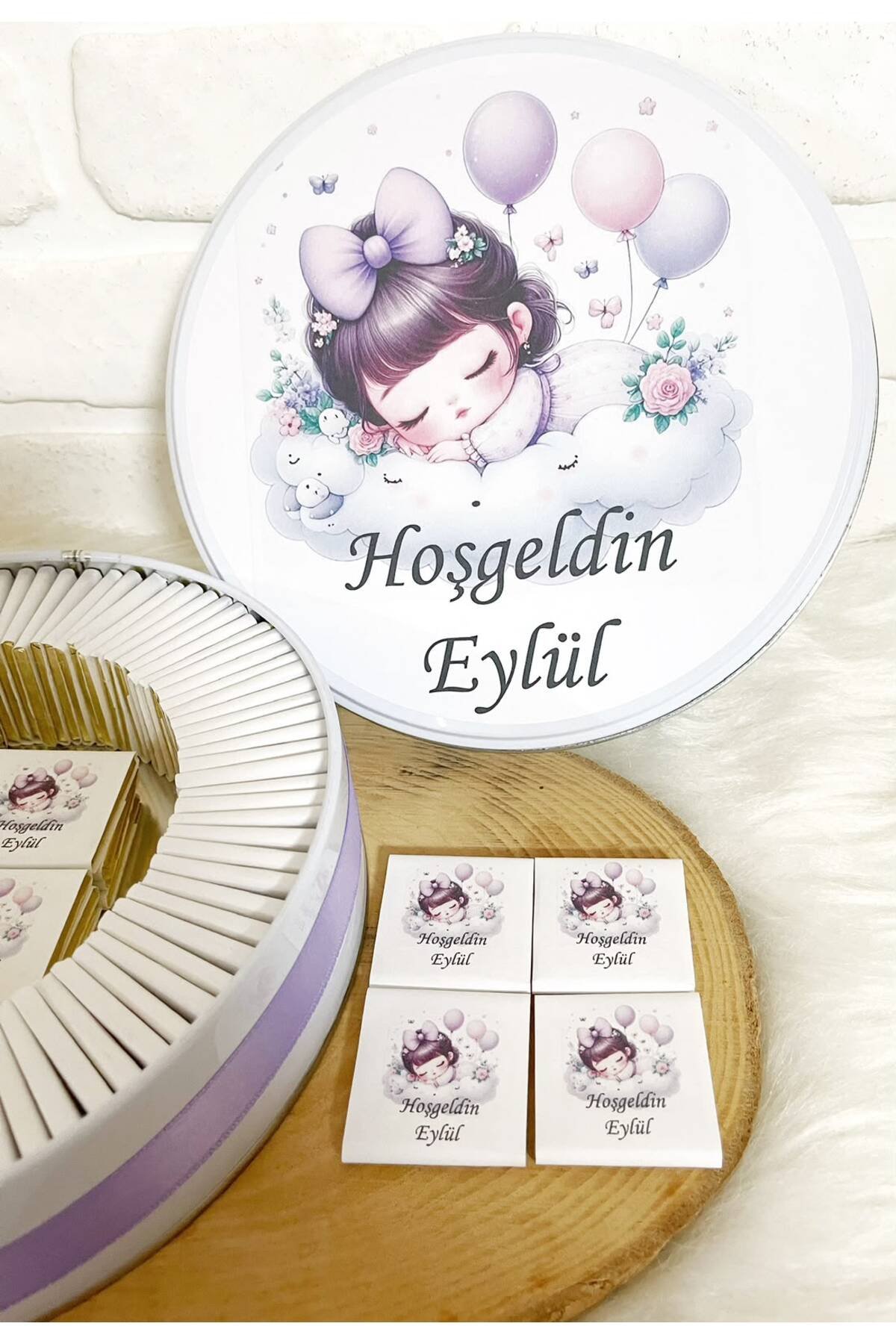 80 Adet Lila Bulutta Kız Bebek Temalı İsme Özel Hoşgeldin-Mevlüt Kız Bebek Hediyelik Çikolata - Görsel 3