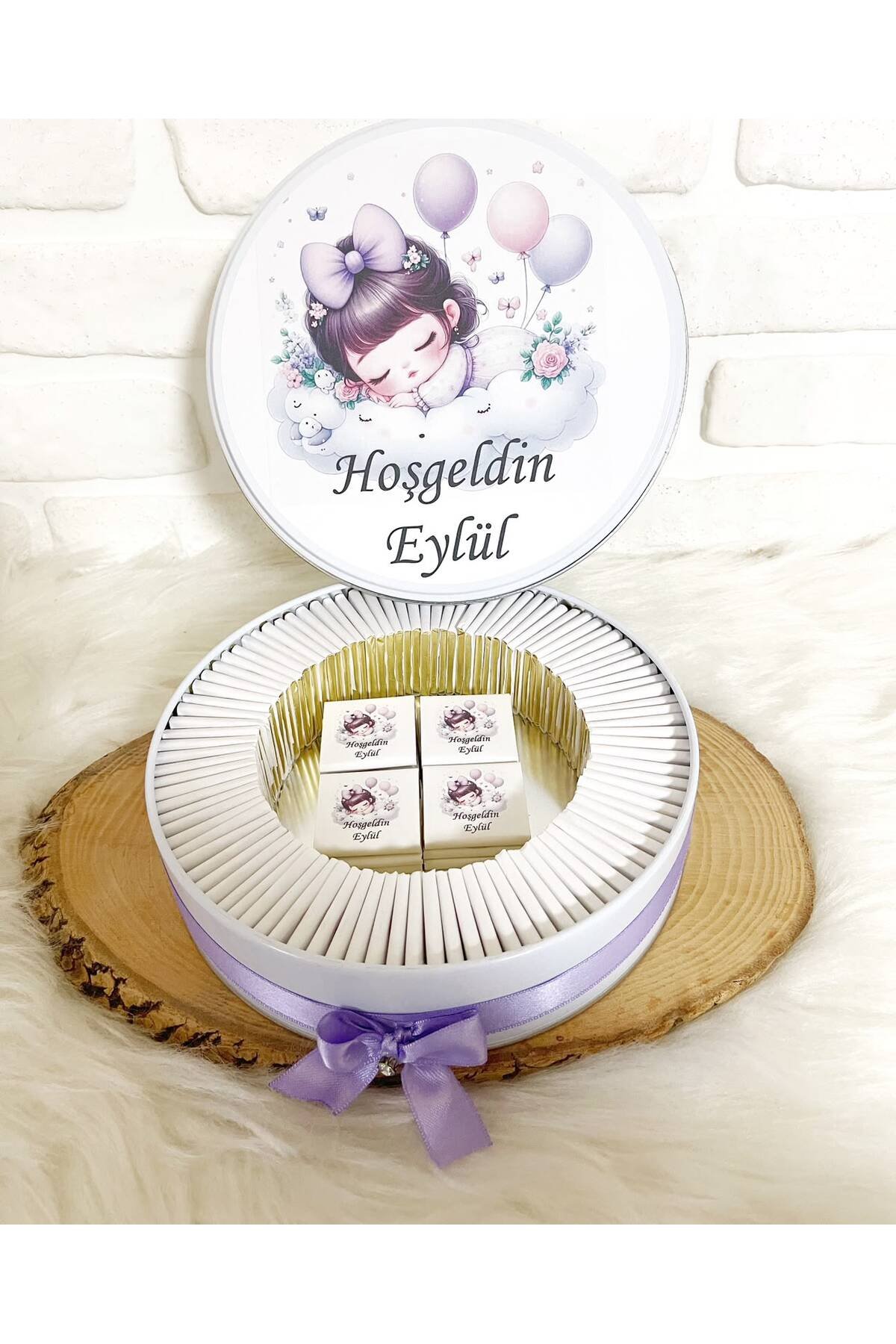 80 Adet Lila Bulutta Kız Bebek Temalı İsme Özel Hoşgeldin-Mevlüt Kız Bebek Hediyelik Çikolata - Görsel 4