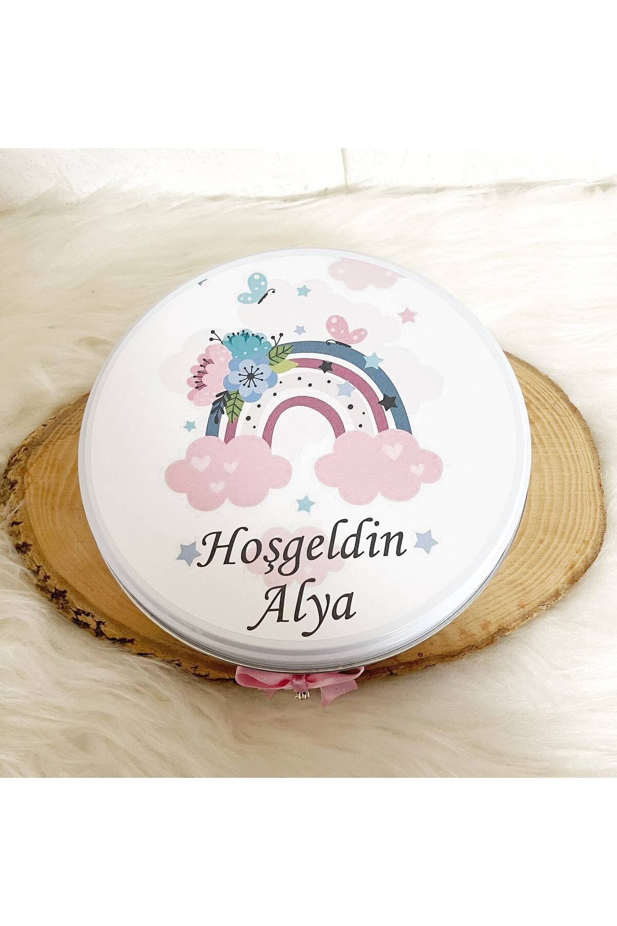 100 Adet Pembe Çiçekli Gökkuşağı Temalı İsme Özel Hoşgeldin Kız Bebek Hediyelik Çikolata - Görsel 5