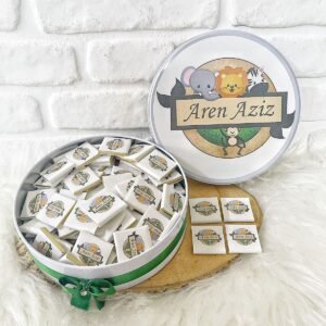 100 Adet Yeşil Safari Hayvanları Temalı İsme Özel Hoşgeldin Erkek Bebek Hediyelik Çikolata