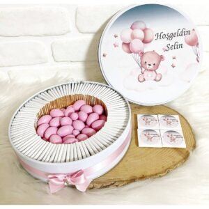 80 Adet+200 Gr Drajeli Pembe Baloncuklu Ayıcık İsme Özel Hoşgeldin Kız Bebek Hediyelik Çikolata