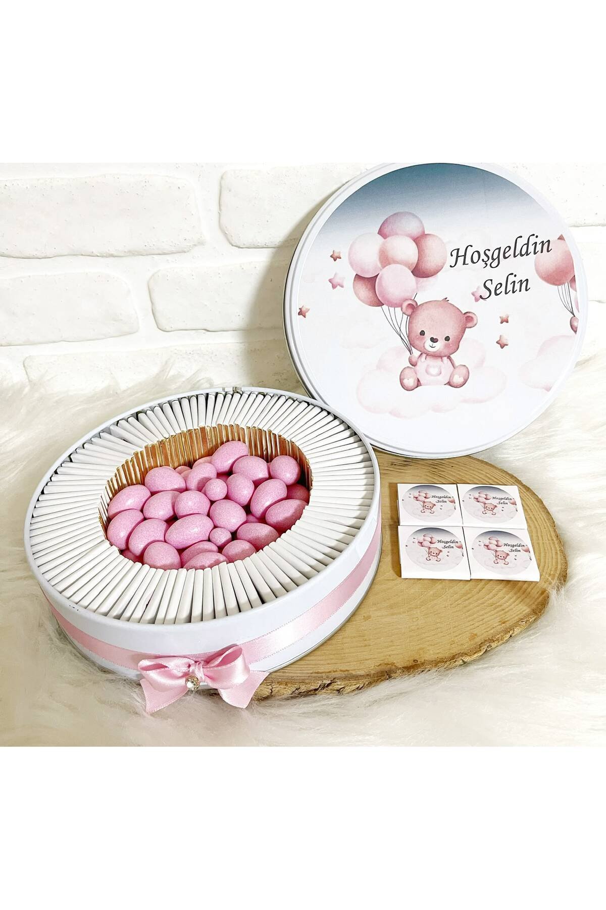 100 Adet+200 Gr Drajeli Pembe Baloncuklu Ayıcık İsme Özel Hoşgeldin Kız Bebek Hediyelik Çikolata - Görsel 2