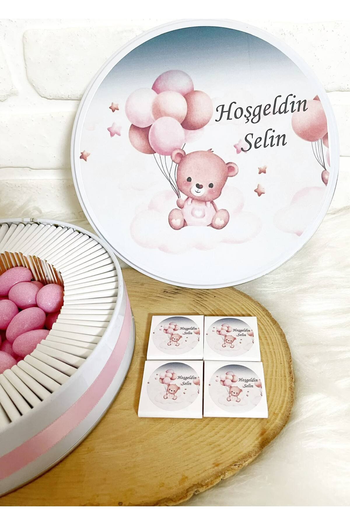 100 Adet+200 Gr Drajeli Pembe Baloncuklu Ayıcık İsme Özel Hoşgeldin Kız Bebek Hediyelik Çikolata - Görsel 3