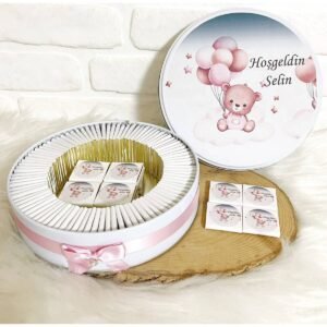 80 Adet Pembe Baloncuklu Ayıcık İsme Özel Hoşgeldin Kız Bebek Hediyelik Çikolata