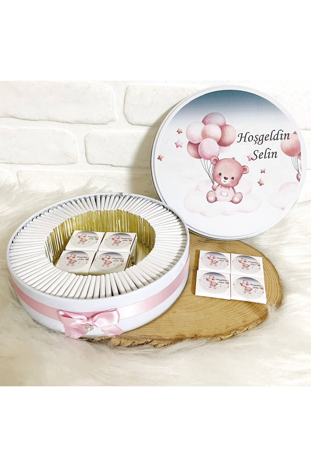 100 Adet Pembe Baloncuklu Ayıcık İsme Özel Hoşgeldin Kız Bebek Hediyelik Çikolata - Görsel 2