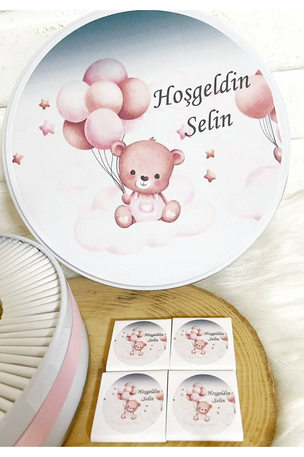 100 Adet Pembe Baloncuklu Ayıcık İsme Özel Hoşgeldin Kız Bebek Hediyelik Çikolata - Görsel 3