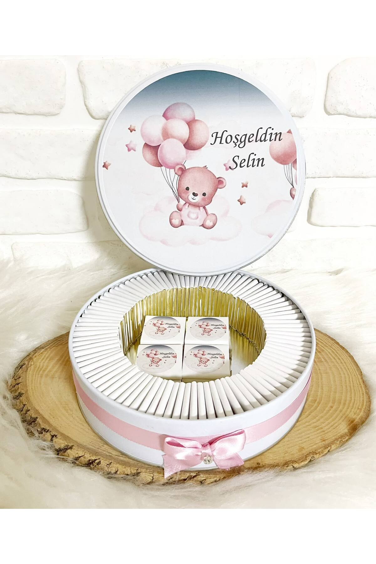 100 Adet Pembe Baloncuklu Ayıcık İsme Özel Hoşgeldin Kız Bebek Hediyelik Çikolata - Görsel 4