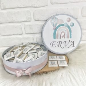 80 Adet Su Yeşili-Pudra Gökkuşağı Temalı İsme Hoşgeldin Kız Bebek Hediyelik Çikolata
