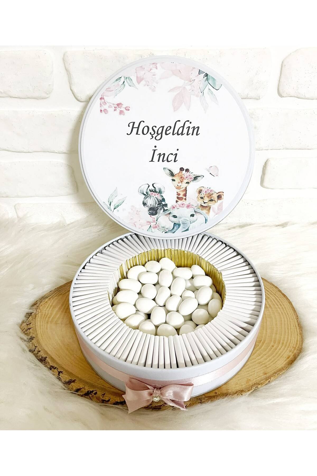 100 Adet+200 Gr Drajeli Yapraklı Pembe Safari Temalı İsme Özel Hoşgeldin Kız Bebek Hediyelik Çikolata - Görsel 4