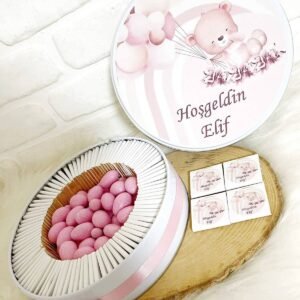 50 Adet+200 Gr Drajeli Gökkuşağında Balon Tutan Ayıcık Temalı İsme Özel Hoşgeldin Kız Bebek Hediyelik Çikolata