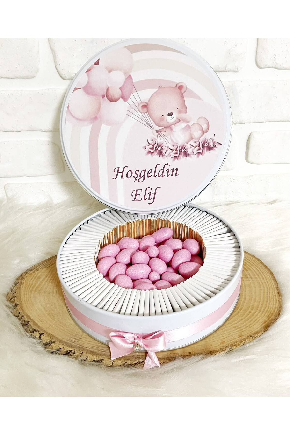 100 Adet+200 Gr Drajeli Gökkuşağında Balon Tutan Ayıcık Temalı İsme Özel Hoşgeldin Kız Bebek Hediyelik Çikolata - Görsel 4