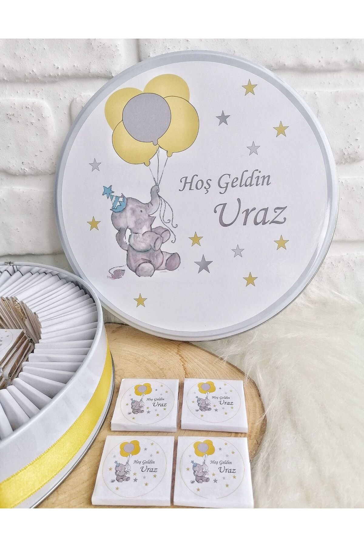 100 Adet Sarı Balonlu İsme Özel Hoşgeldin Erkek Bebek Hediyelik Çikolata - Görsel 3