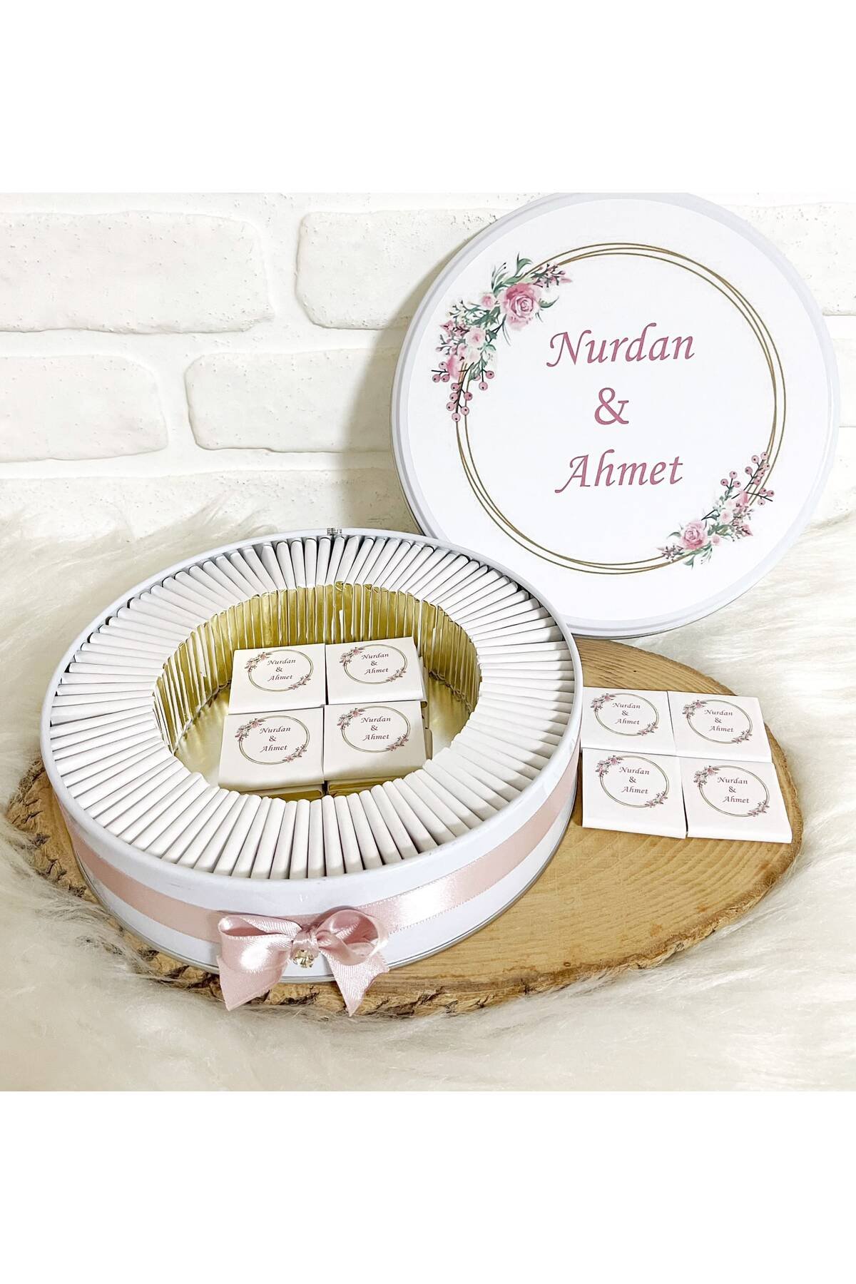 150 Adet Pembe Gül Temalı İsme Özel Nişan-Nikah-Söz-Düğün-Bohça Hatırası Hediyelik Çikolata - Görsel 2