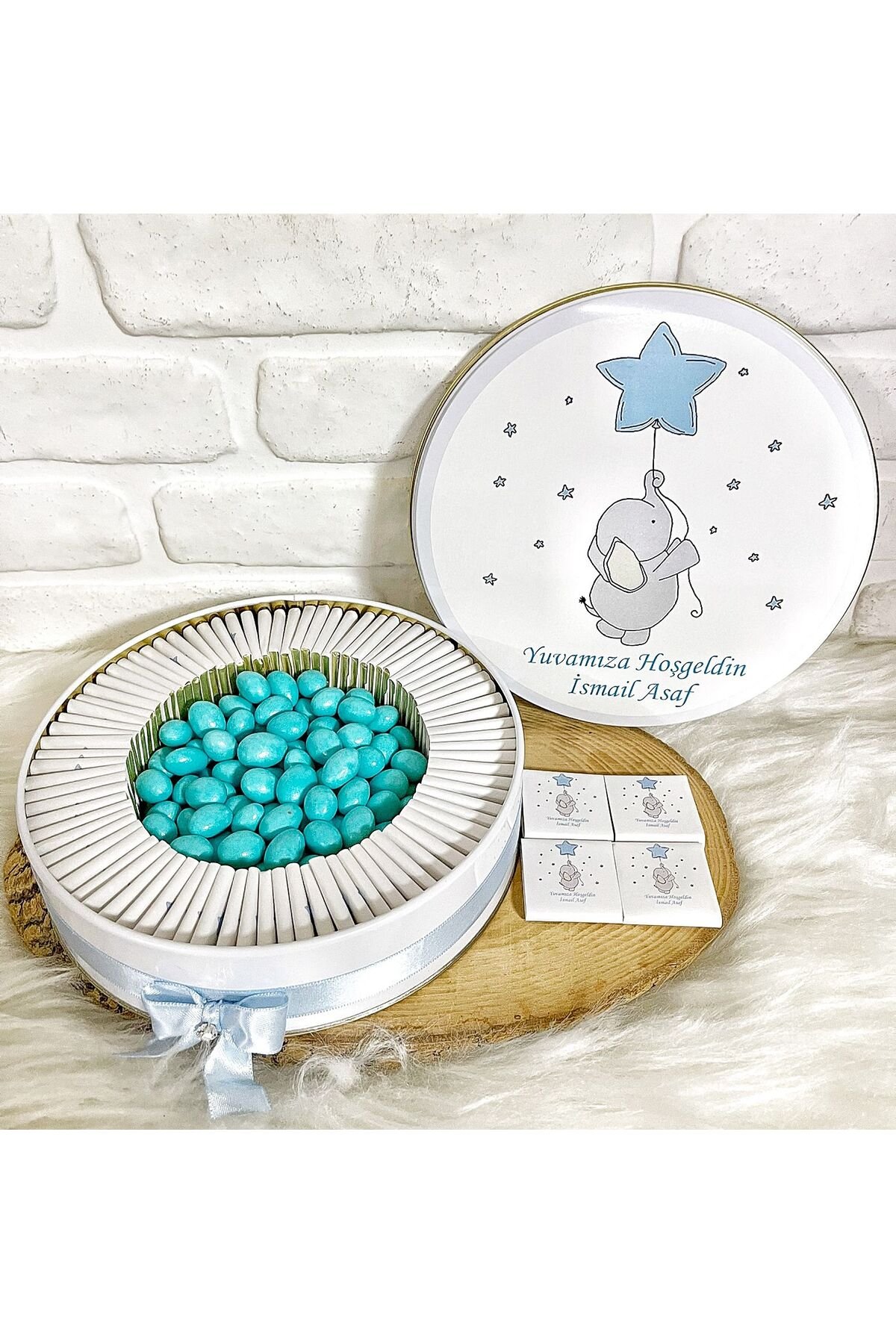 100 Adet+200 Gr Draje Mavi Balonlu Fil İsme Özel Erkek Bebek Hoşgeldin Doğumgünü Hediyelik Çikolata